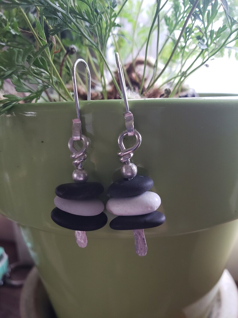 Beach Stone Cairn and Hammered Sterling Earrings
