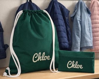 Personalised Drawstring Bag & Pencil Case Set, Embroidered School Gym Sac with Name, Back to School Gift for Kids