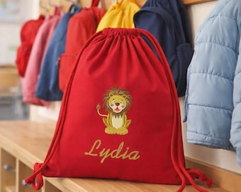 Bolsa de deporte orgánica personalizada con cordón (Reino Unido), bolsa de gimnasio infantil bordada con nombre, bolsa de educación física escolar con diseño de animales, regalo de algodón ecológico.