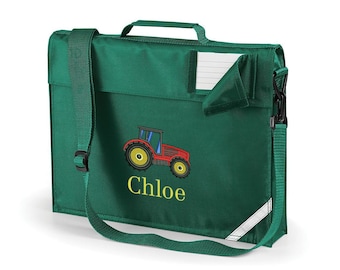 Personalised Premium Tractor School Book Bag With Strap - Back To School Book Bag - Name and Tractor Embroidered