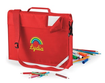 Personalised Premium Rainbow School Book Bag With Strap - Back To School Book Bag - Name and Rainbow Embroidered