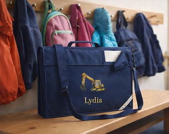 Personalised Digger Book Bag, Embroidered School Bookbag with Strap, Boys Back to School Gift, Reception Name Bag