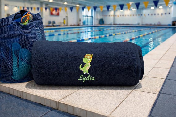 Personalised Swim Towel, Embroidered Kids Swimming Towel with Name & Character, Unicorn Mermaid Dinosaur Gift