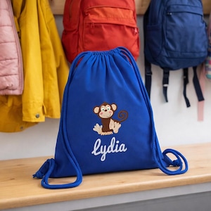 Personalised Organic Cotton Drawstring Bag, Embroidered Kids Gym Sac with Name, Animal School PE Bag