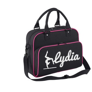 May include: Black gym bag with pink trim and a white embroidered gymnast silhouette and the name "Lydia".