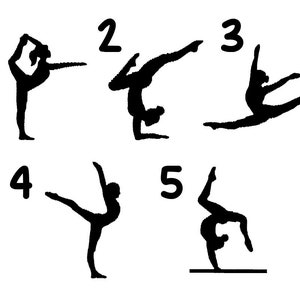 May include: Five black and white silhouettes of gymnasts performing different poses. The poses are numbered 1 through 5.