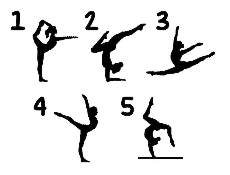 May include: Five black and white silhouettes of gymnasts performing different poses. The poses are numbered 1 through 5.