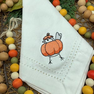 Embroidered Chickadee Fall Napkins: Harvest Orange, Sage Green, Cream