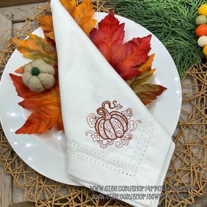 Embroidered Pumpkin Napkins: Cotton Fall Table Decor, Thanksgiving