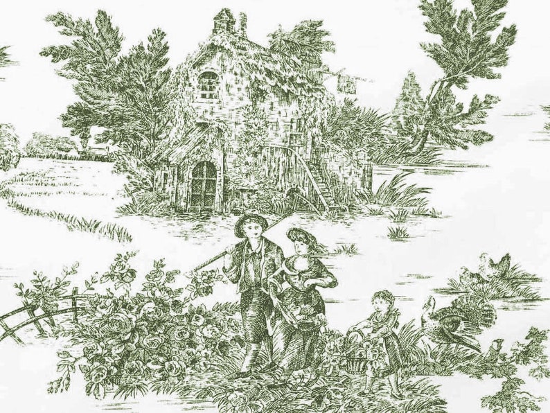 Anti-Fleck Toile de Jouy Stoff Produkt hergestellt in Italien 100% Baumwolle Stoffbreite: 180 cm Pro Laufmeter Grün