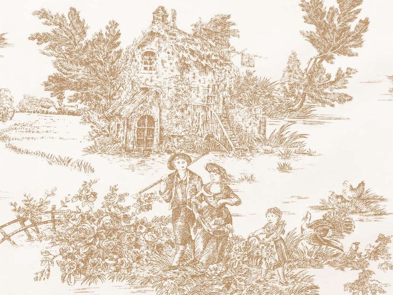 Enduit Anti Tache Toile de Jouy Tissu plein de couleurs 100% Coton Hauteur 180 cm Vendu au mètre linéaire Beige