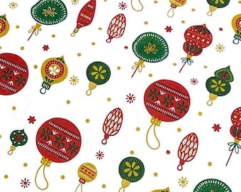 May include: A repeating pattern of Christmas ornaments in red, green, and yellow on a white background. The ornaments include round, teardrop, and bell shapes, with floral and geometric designs. Small gold stars are scattered throughout.