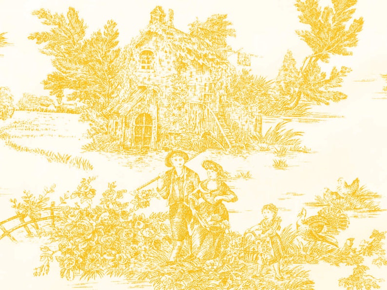 Coated Toile de Jouy Pattern Fabric Many Colors Product Made in Italy 100% Pure Cotton 180 cm 71 inches Wide Yellow