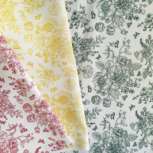 Imprimé Toile de Jouy Fleurs et Papillons Tissu | Produit de très belle qualité | 100% Coton | Hauteur 180 cm | Tissu vendu au mètre