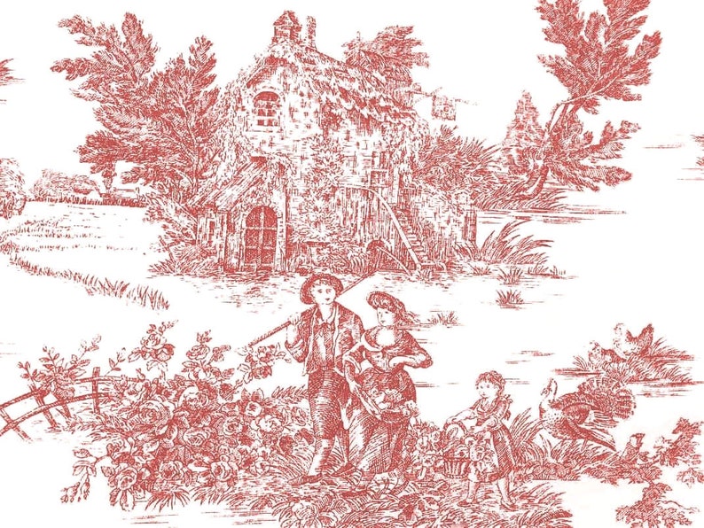 Coated Toile de Jouy Pattern Fabric Many Colors Product Made in Italy 100% Pure Cotton 180 cm 71 inches Wide Red