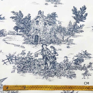 Coated Toile de Jouy Pattern Fabric Many Colors Product Made in Italy 100% Pure Cotton 180 cm 71 inches Wide Niebieski