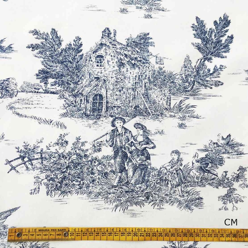 Coated Toile de Jouy Pattern Fabric Many Colors Product Made in Italy 100% Pure Cotton 180 cm 71 inches Wide Niebieski