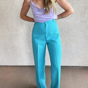 70s Vintage | Aqua Blue High-Waist Pants | Turquoise Tailored Straight Leg Disco