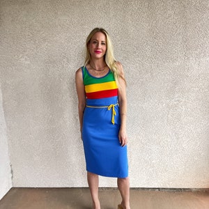 70s Vintage | Blue Rainbow Stripe Dress | Retro California Beach Summer San Francisco Skyline