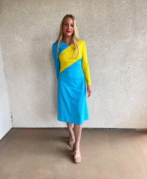70s Vintage Colorblock Midi Dress: Blue & Yellow Momentum XS/S