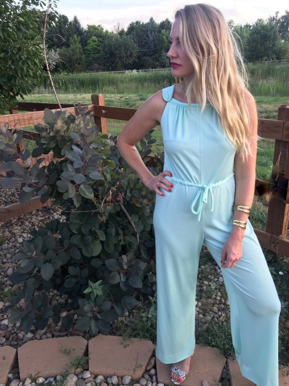 70s Vintage | Mint Green Sleeveless Flare Leg Jump