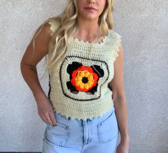 70s Vintage | Granny Square Crochet Knit Sleeveles