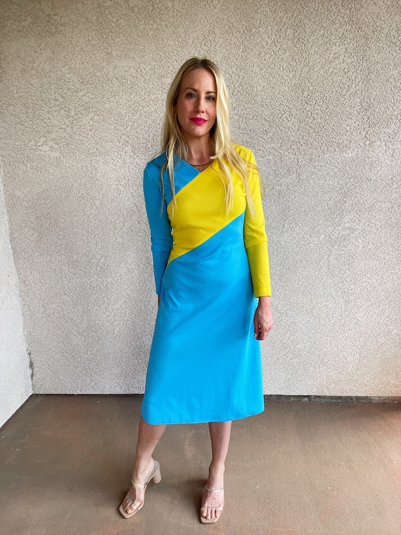 70s Vintage Colorblock Midi Dress: Blue & Yellow Momentum XS/S - Etsy