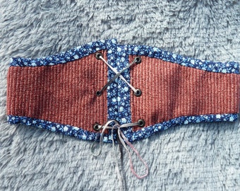Maroon Berry Chenille and Navy Floral Cinch Belt Corset Swiss Waist for 24"-27" Waist Size XS