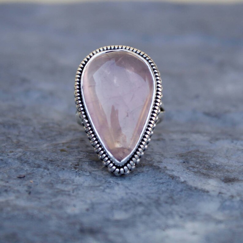 Natural Gemstone Free Shipping Rose Quartz Pear Shape Stone Rose Quartz Ring Pear Shape Ring Sterling Silver Ring Handmade Ring