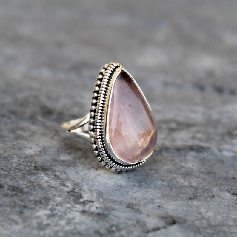 Natural Gemstone Free Shipping Rose Quartz Pear Shape Stone Rose Quartz Ring Pear Shape Ring Sterling Silver Ring Handmade Ring