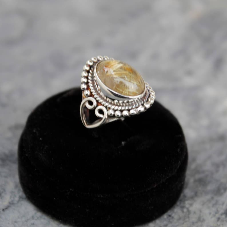 Stamement Ring Golden Rutile Ring Gemstone Ring Gift For Her Oval Shape Stone Ring Sterling Silver Ring Jewelry Golden Rutile Stone