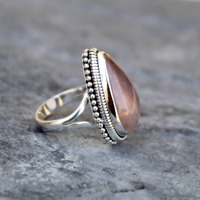 Natural Gemstone Free Shipping Rose Quartz Pear Shape Stone Rose Quartz Ring Pear Shape Ring Sterling Silver Ring Handmade Ring