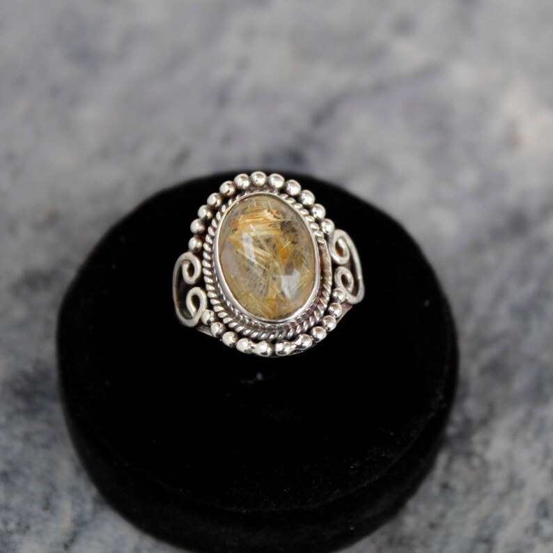 Stamement Ring Golden Rutile Ring Gemstone Ring Gift For Her Oval Shape Stone Ring Sterling Silver Ring Jewelry Golden Rutile Stone