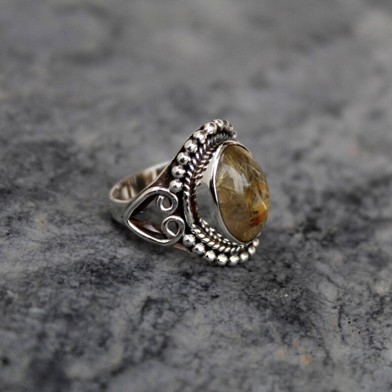 Stamement Ring Golden Rutile Ring Gemstone Ring Gift For Her Oval Shape Stone Ring Sterling Silver Ring Jewelry Golden Rutile Stone