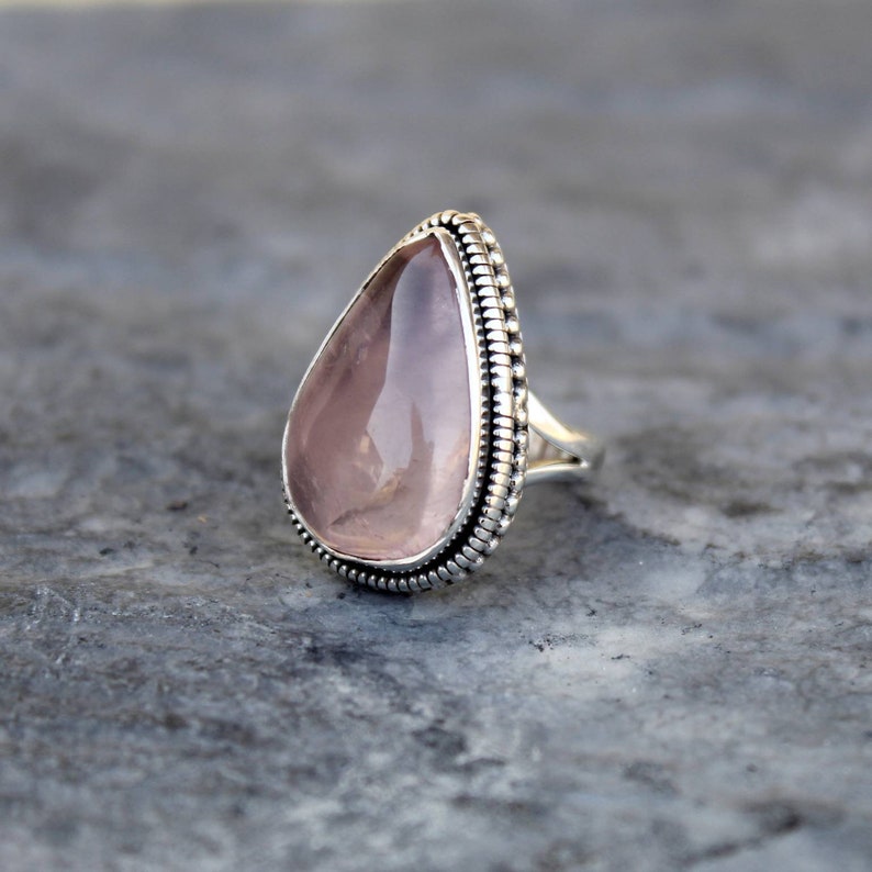 Natural Gemstone Free Shipping Rose Quartz Pear Shape Stone Rose Quartz Ring Pear Shape Ring Sterling Silver Ring Handmade Ring