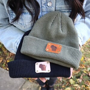 WI Leather Patch Beanie Hat - Wisconsin State Stamped Knit Hat