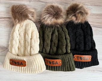 TOSA Patch Pom Beanie Hat - Wauwatosa Wisconsin State Stamped Pom Pom Knit Hat