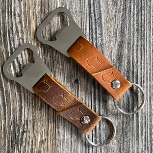 Wisconsin Leather Bottle Opener Custom - Wisco Pride Beer Key Fob Keychain, Gift for Him Groomsmen Gift, 3rd Anniversary Gift for Him