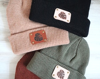 Monstera Beanie with Leather Patch - Plant Leaf Knit Hat