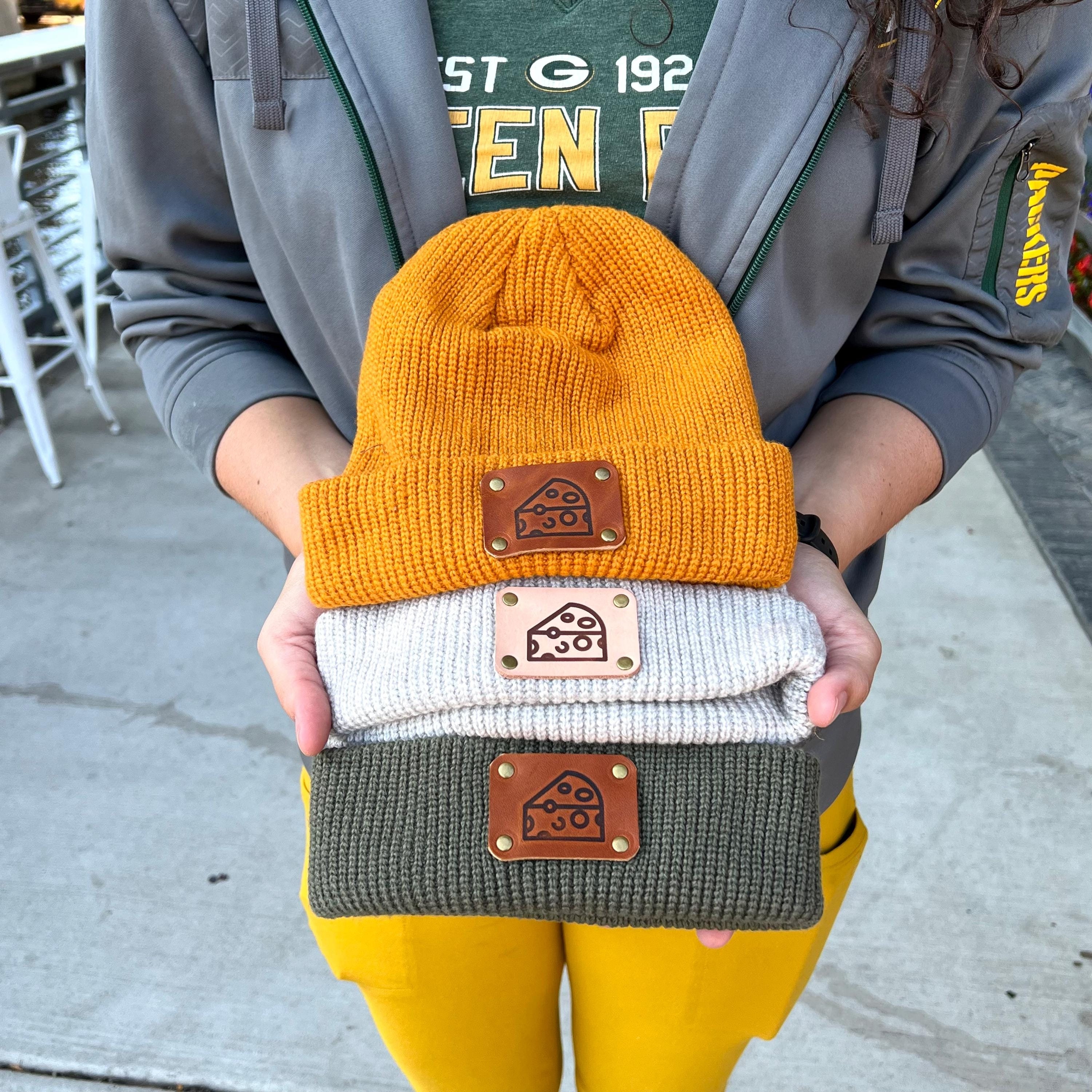 fana＊ Cheese Chunk Beanie With Leather Patch - Cheese Head Knit Hat