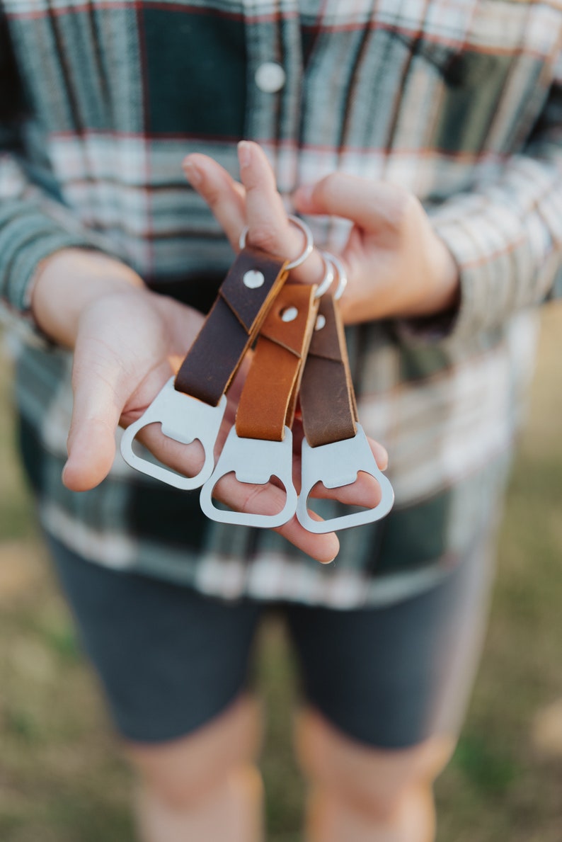 Custom Leather Bottle Opener Keychain Fob Custom Gift, Gift for Him, Father's Day, Groomsmen Gifts, Stocking Stuffer, 3rd Anniversary image 1