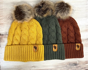 WI Leather Patch Pom Pom Beanie - Wisconsin State Knit Hat