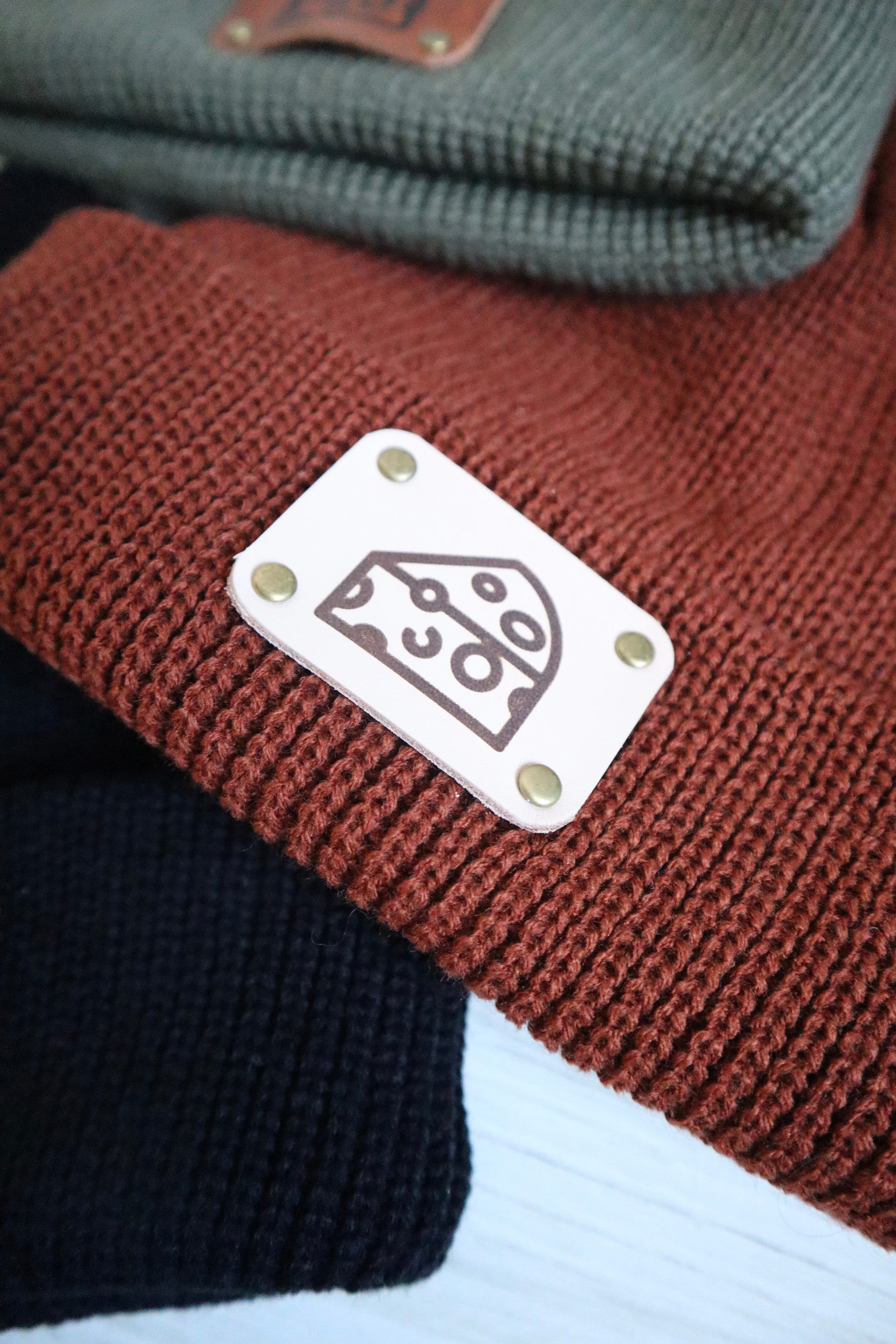 fana＊ Cheese Chunk Beanie With Leather Patch - Cheese Head Knit Hat