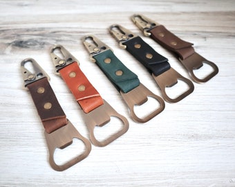 Leather Bottle Opener Carabiner Keychain Clip Opener Key Fob Custom Gift, Gift for Him, Father's Day, Groomsmen Gifts, 3rd Anniversary Gift