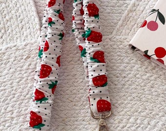 Scrunchie Lanyard, Optional Breakaway Clasp, 16 or 18 inches || Strawberries & Dots On White