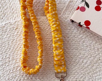 Scrunchie Lanyard, Optional Breakaway Clasp, 16 or 18 inches || Mini White Floral On Yellow