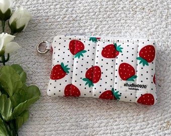 Foam Padded Quilted Keychain Wallet, Handmade Cotton Zipper Pouch || Strawberries & Dots On White