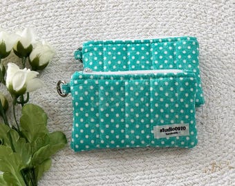 Foam Padded Quilted Keychain Wallet, Handmade Cotton Zipper Pouch || Turquoise Dot
