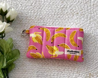 Foam Padded Quilted Keychain Wallet, Handmade Cotton Zipper Pouch || Bananas On Pink