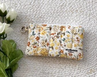 Foam Padded Quilted Keychain Wallet, Handmade Cotton Zipper Pouch || Yellow Mini Floral
